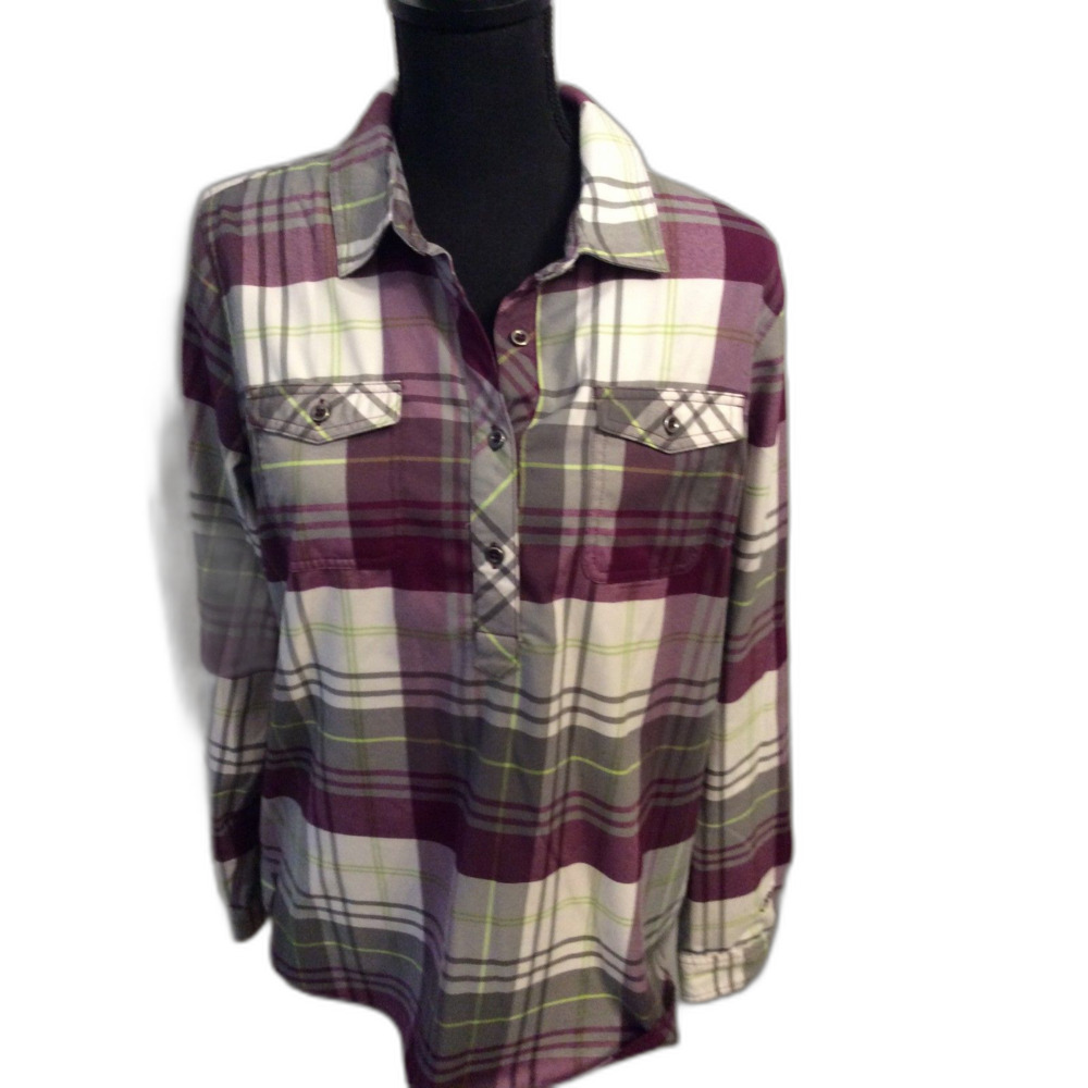 Cabela's Plaid Tunic Large L VNC Purple Gray Black Cabincore Cozy
